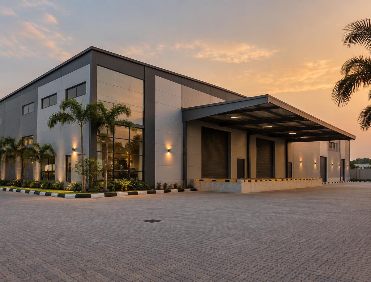 Modern commercial warehouse with a secure forecourt